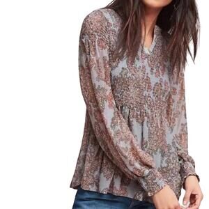 Akemi + Kin Adria Smocked Paisley Peplum Long Sleeve Top Light Blue Brown XS